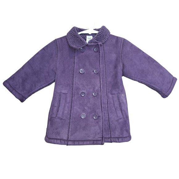 GAP Baby Girl Purple Faux Suede Sherpa Coat Jacket 18-24mo Double Breasted - Picture 1 of 7